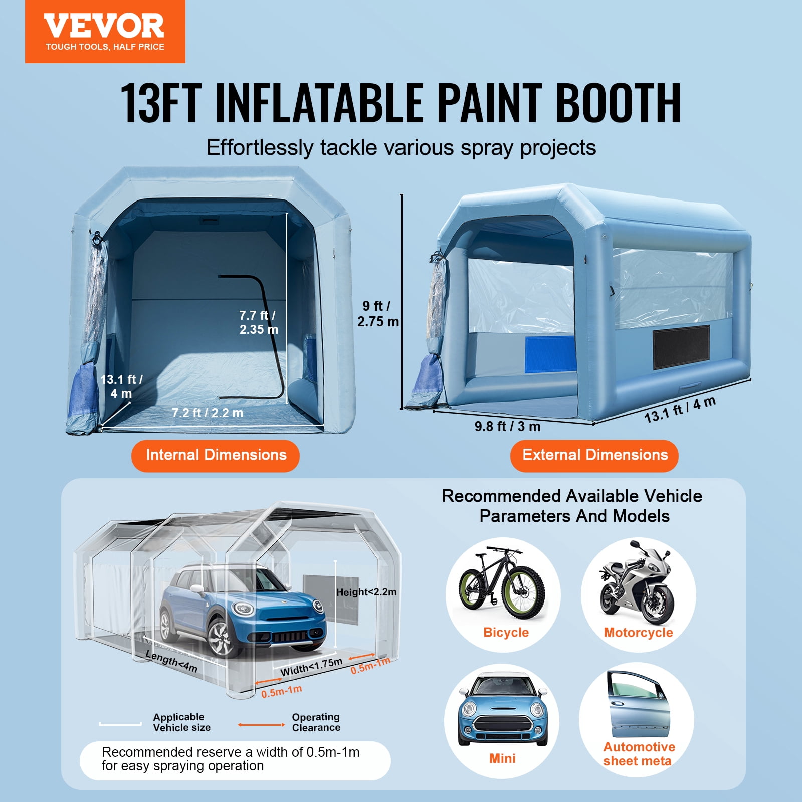 VEVOR Inflatable Paint Booth, 13.1 x 9.8 x 9 ft Inflatable Spray Booth, with 750W Powerful Blower and Air Filter System, Portable Car Paint Booth for Motorcycle, Bicycle, Auto Part Painting