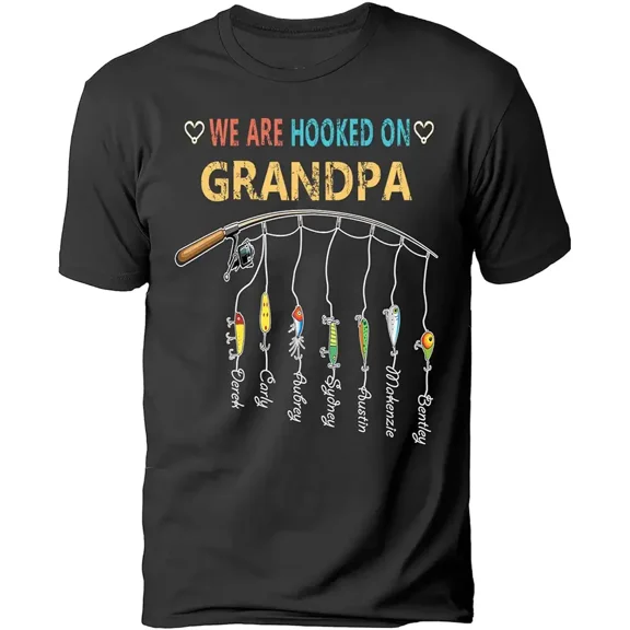 Custom Fishing Lures Grandkids Name Graphic Gift for Grandpa Men Father's Day Short Sleeve Casual T-Shirt