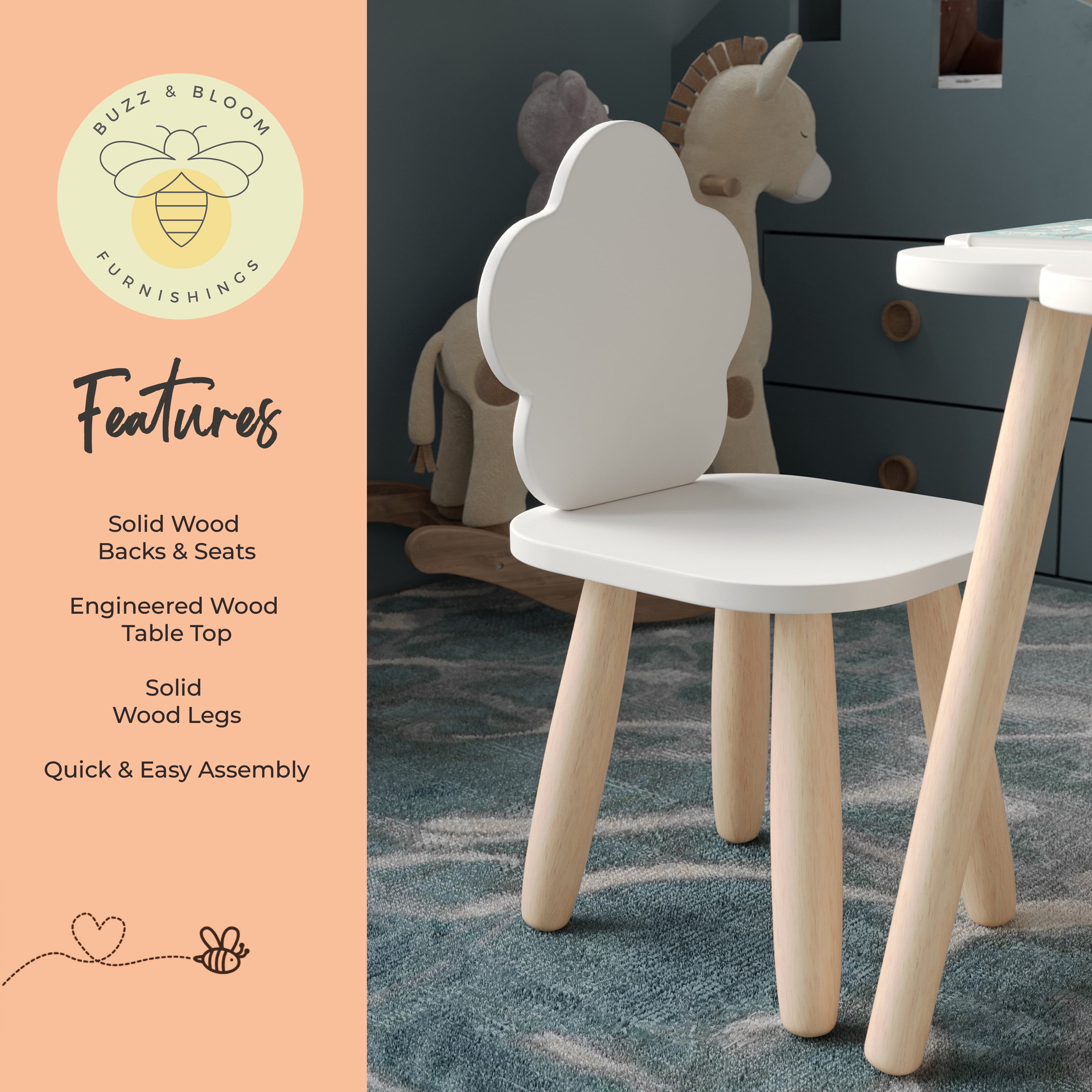 Buzz & Bloom Kids 3-Piece Wooden Cloud-Shaped Table and Chairs Set, White/Natural