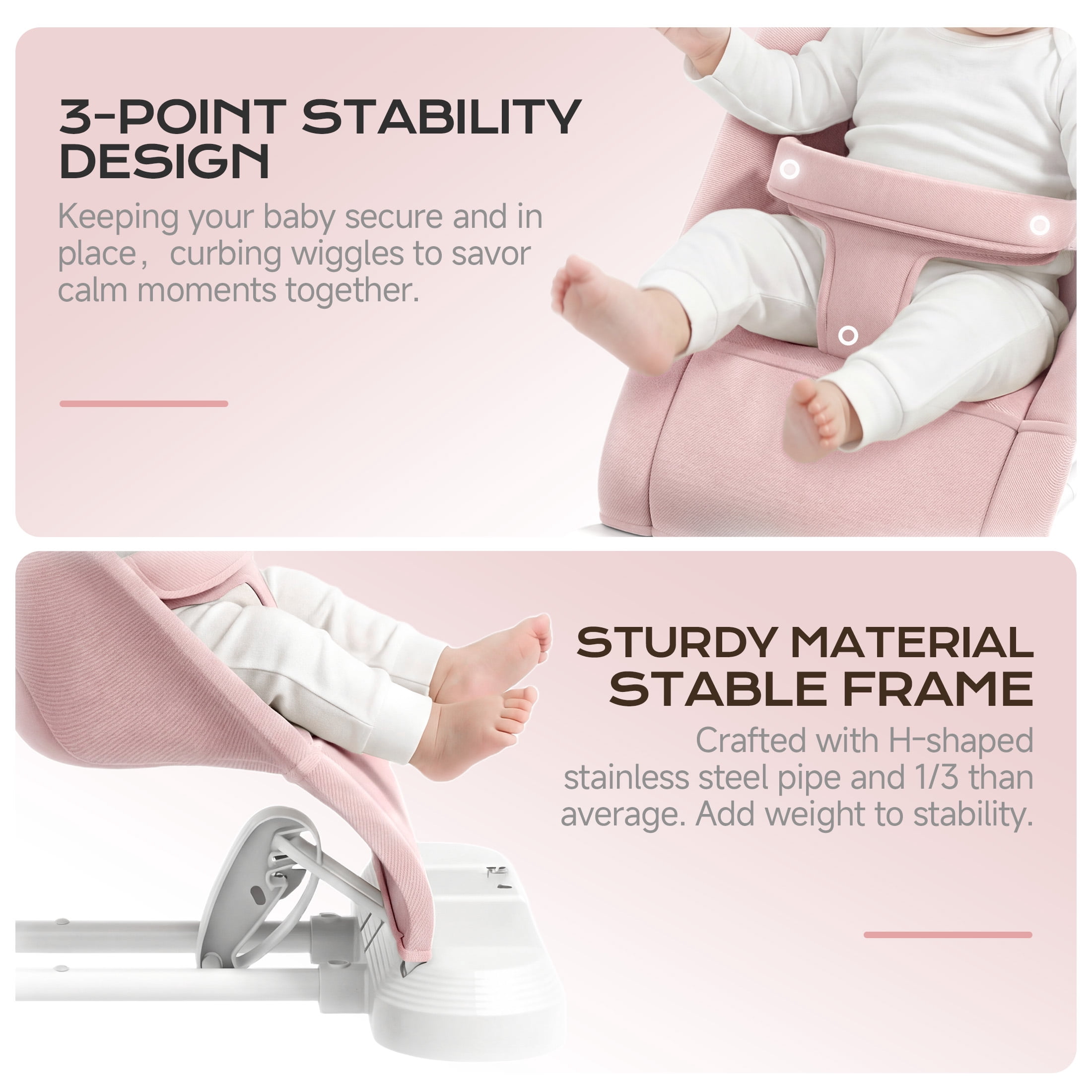Babyomi 4 in 1 Baby Bouncer, 3-Level Recline Foldable Rocker for Infant to Toddler 0-6 with Detachable Pianos, Feeding Tray and Play Bar 12-24 Months, Girls and Boys Gift, Pink
