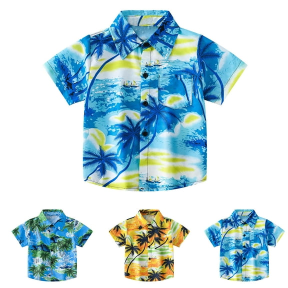 Lovzfmll Tropical Print Short Sleeve Shirt for Boys, Vintage Coconut Tree Casual Top for Beach, Button Down Collar for Toddler 2-3 Years