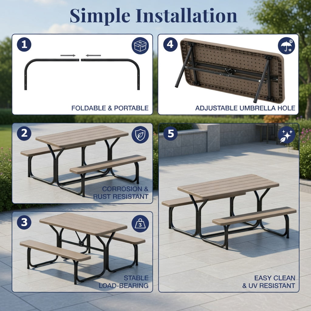 Hommoo Outdoor Picnic Table and Bench Set, HDPE Weather-Resistant Folding Patio Table with 2 Benches, White