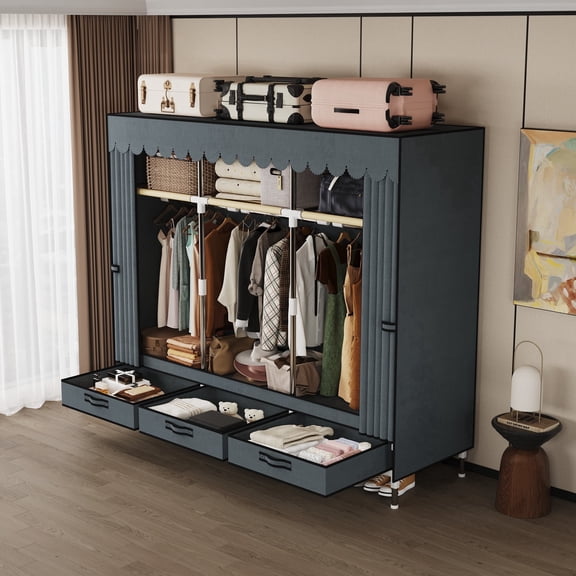 59in Portable Fabric Wardrobe Closet with 3 Hanging Rods, 3 Drawers & Storage Shelves, Non-woven Cover Clothing Armoire for Bedroom Dorm Rental