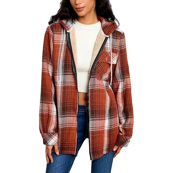 RQYYD Women's Flannel Hooded Plaid Shacket Thick Coat Winter Coat for Warmth Full Zip Up Warm and Fuzzy Fleece Jacket