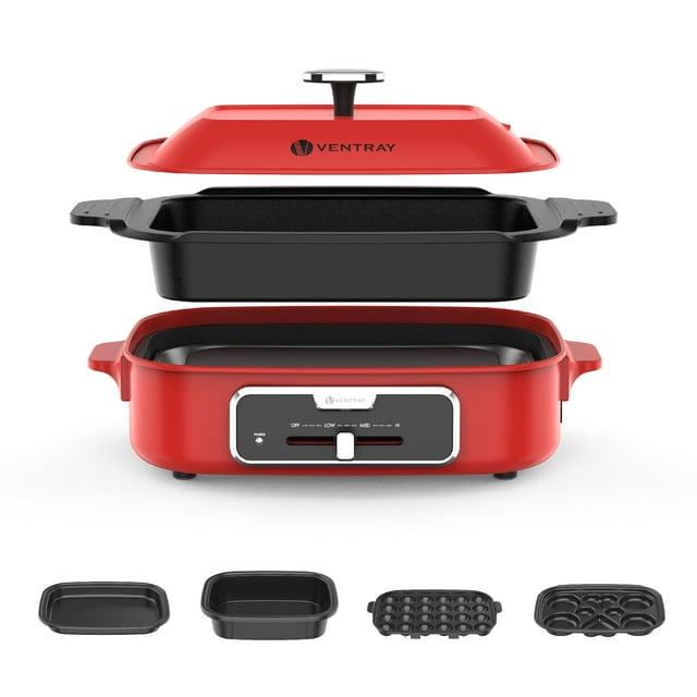 Gril Électrique, Ensemble de Plaque de Cuisson Multifonction 1200w Sans Fumée avec 5 Poêles Antiadhésives Interchangeables
