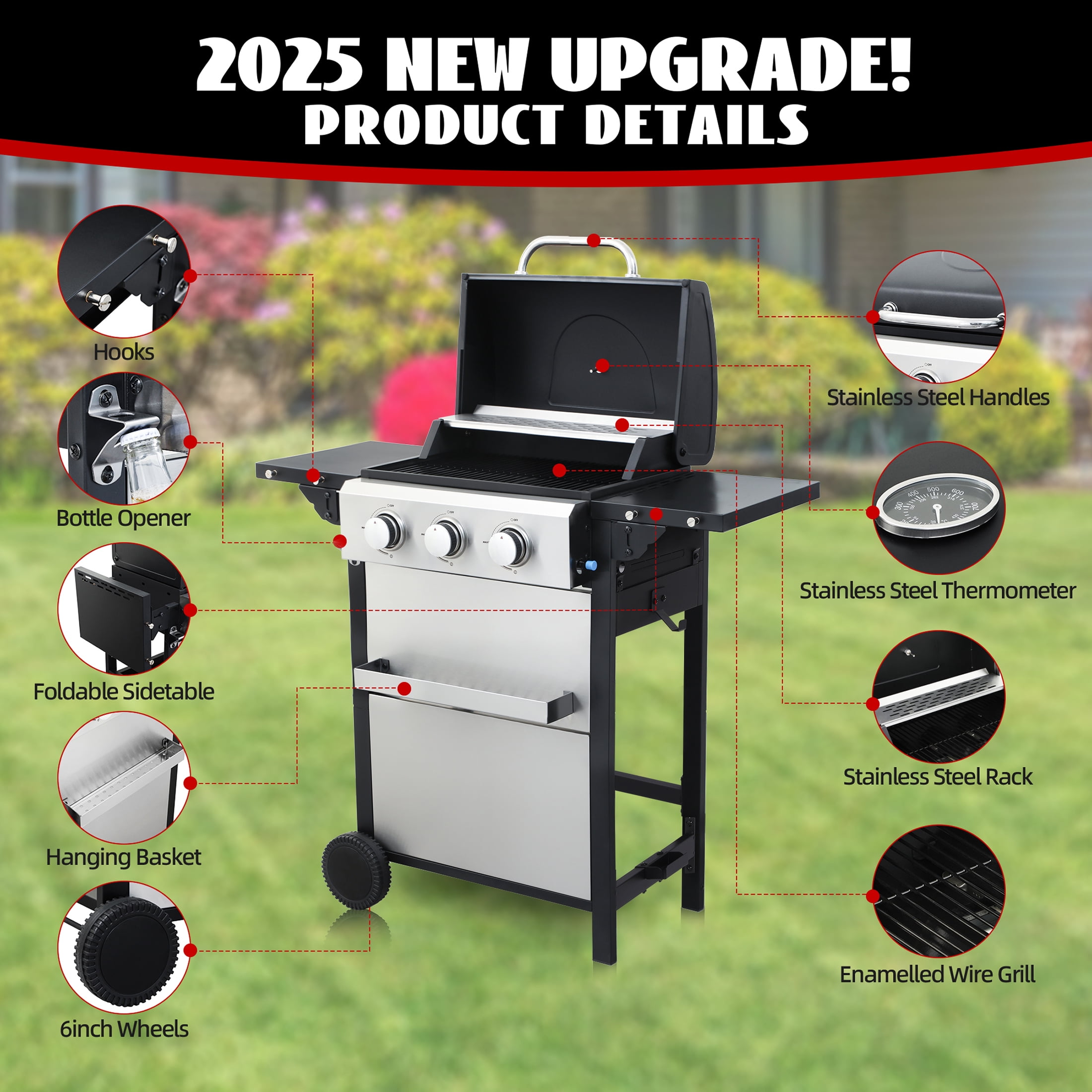 3-Burner Propane Gas Grill With Wheels for 25,650 BTU Outdoor Barbecue BBQ Grill, Stainless Steel Control Panel, Easy Ignition, Temperature Gauge, 2-Enameled Cooking Grids