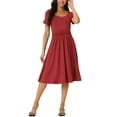 thumbnail image 1 of Vestido de punto casual INSPIRE CHIC para mujer con bolsillos, escote redondo, manga corta, midi fruncido, corte A, color rojo vino S, 1 of 5