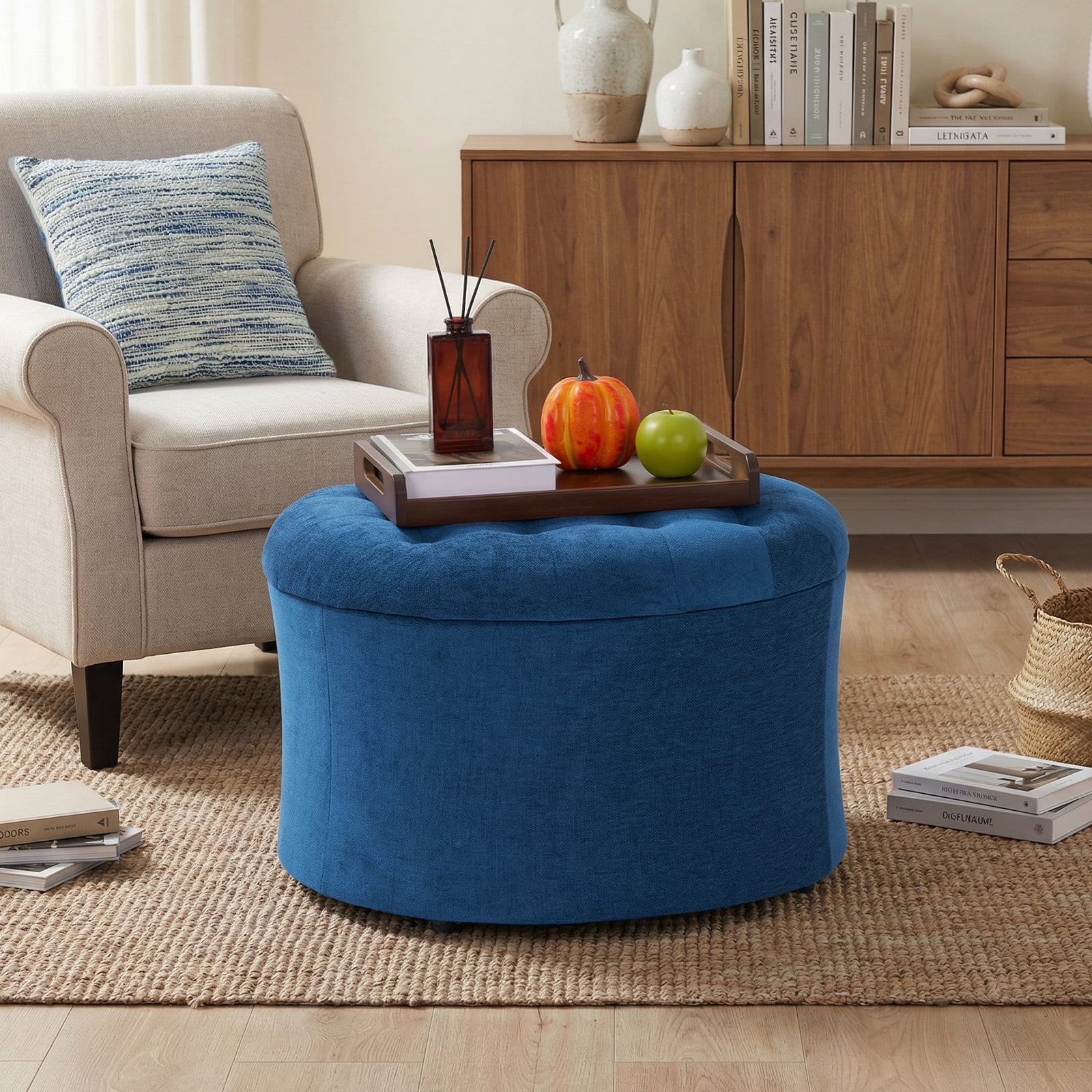 Dovov 25" Tufted Round Ottoman with Storage, Large Storage Ottoman Footrest Flip Top Foot Stool, 220lbs Capacity, Blue