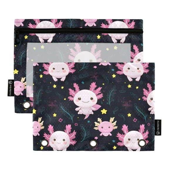 ALAZA 2 Pack Pencil Pouch Cartoon Axolotl Stars Pencil Case for 3 Ring Binder Clear Window Pencil Bag Organizers