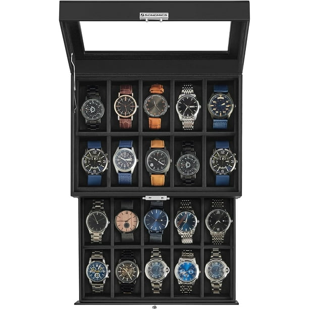 SONGMICS Caja de Reloj, con Tapa de Cristal, con Almohadilla Extraíble de Reloj,