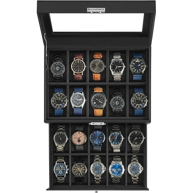 SONGMICS Caja de Reloj, con Tapa de Cristal, con Almohadilla Extraíble de Reloj,
