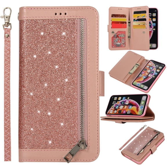 Zipper Wallet Case for iPhone Xr 6.1-inch, Allytech Bling Glitter Leather Case with 9 Credit Card Holder Flip Magnetic Closure Stand Cover with Cash Pocket and Hand Strap, Pink