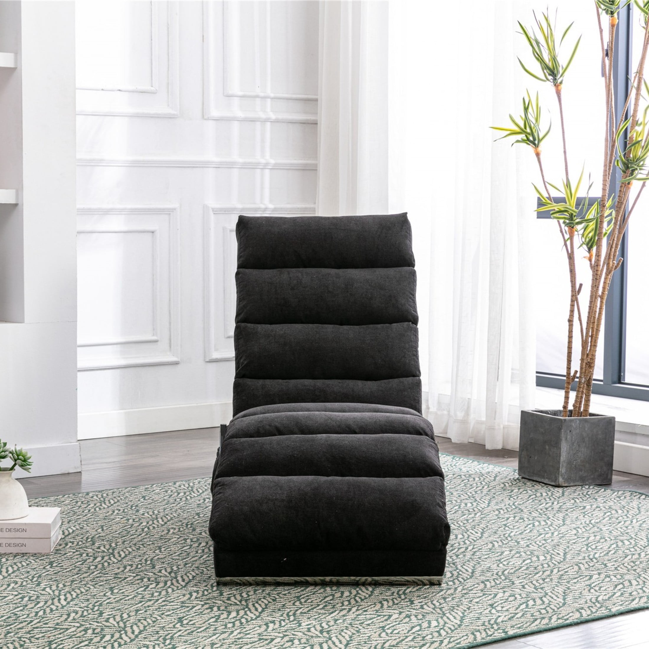Noble House Upholstered Chaise Lounge Chair with Vibration, Linen Fabric Leisure Recliner, Black