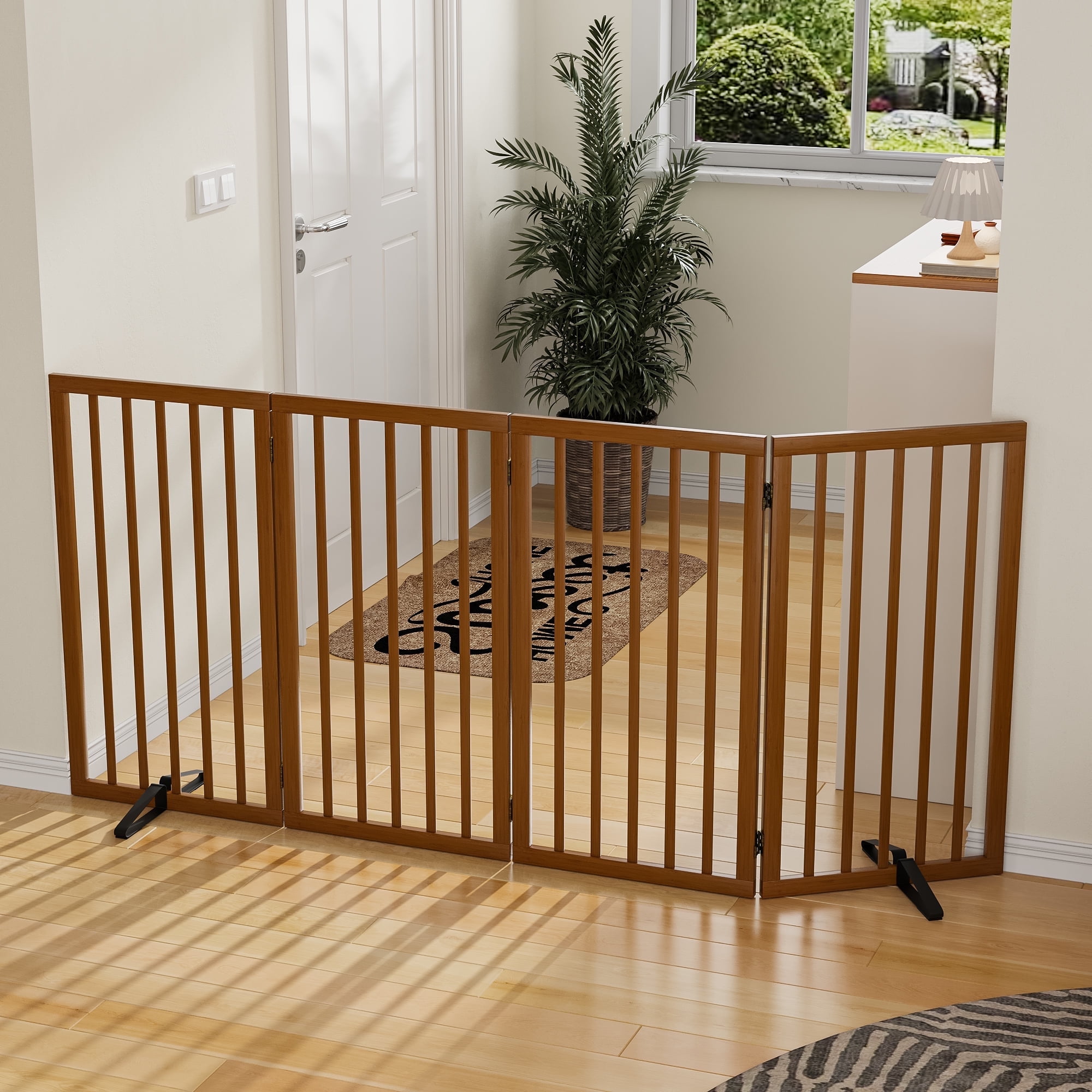Smart FENDEE Bamboo Dog Gate Freestanding 4 Panel Pet Gate with 2 Support feet, 33" Tall, Walnut
