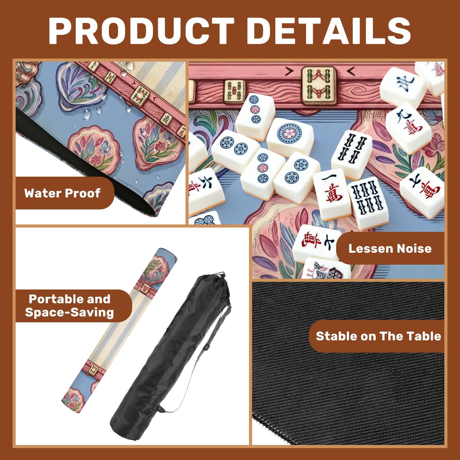 Mahjong Mat 31.5" x 31.5" Vintage Shell Floral Elegant Non-Slip Noise Reduction American Mahjong Tiles Table Cover for Dominoes Poker Card Board Games Gift
