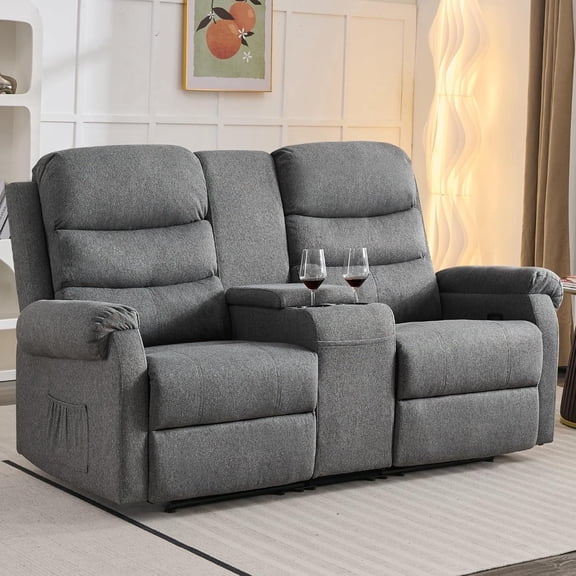 IPKIG Manual Reclining Loveseat for RV with Center Console, Cup Holders & Storage Pockets, Gray Fabric Upholstered Sofa