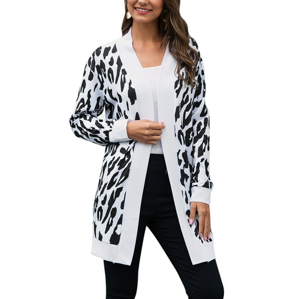 Women Leopard Print Cozy Chic Sweater Pockets Button Down Open Front Loose Knitted  Long Cardigan with Sleeves - Walmart.com