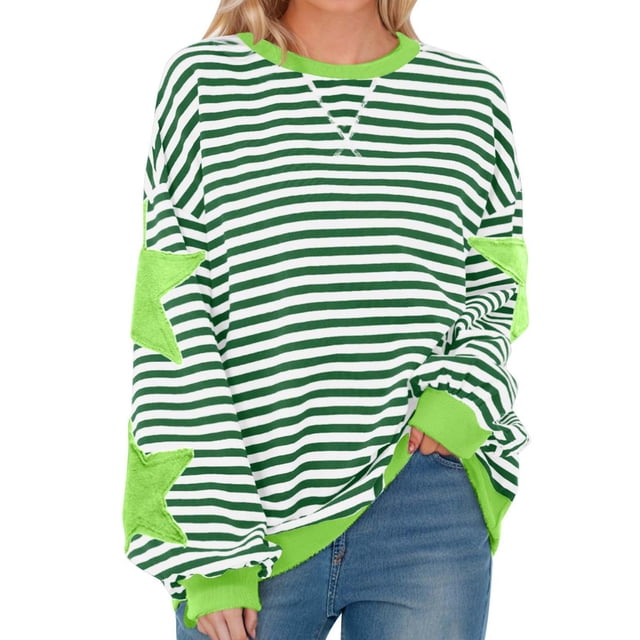 ZVAVZ Chandail en Molleton Rayé pour Femmes à Manches Longues Col Rond Automne Surdimensionné Décontracté Chandail Haut 2025 Y2K Tenues Preppy Vert P