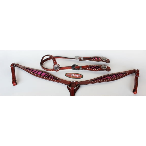 Horse Western Riding Leather Bridle Headstall Breast Collar Tack Pink 7631