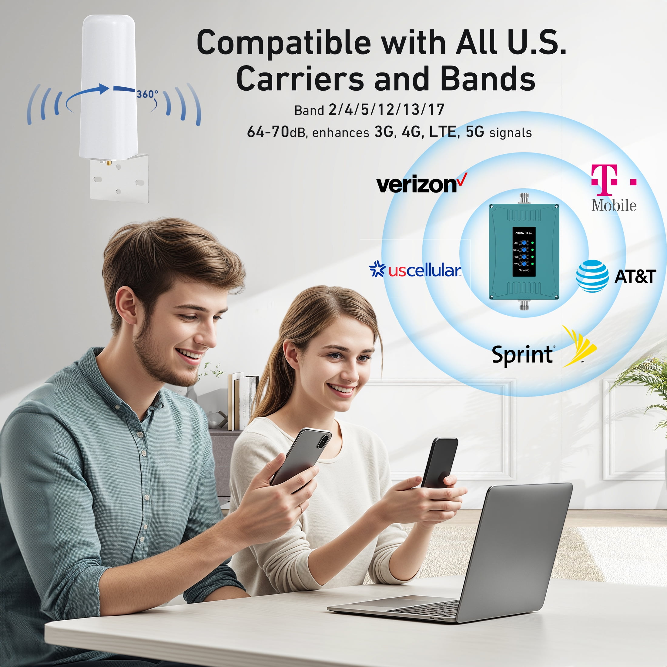 Phonetone Cell Phone Signal Booster, Boosts 5G/4G, Smart, Compatible All US Carriers, FCC Approved