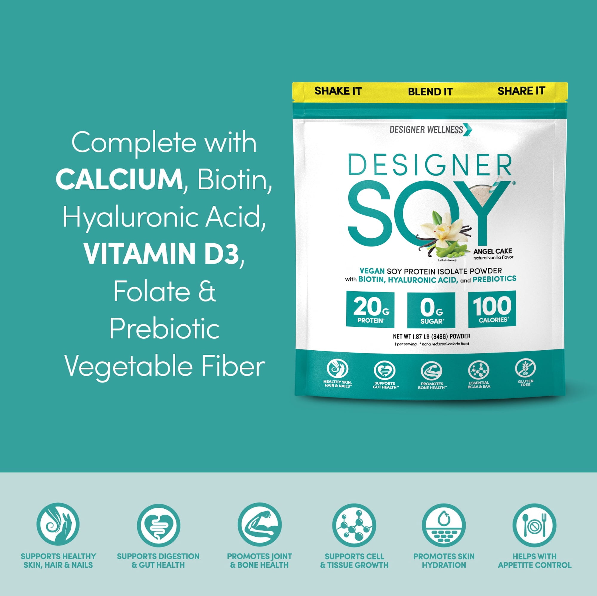 Designer Wellness, Soy Isolate Protein Powder with Biotin, Hyaluronic Acid and Prebiotics, Vegan, Zero Sugar, Angel Cake Natural Vanilla Flavor, 1.87 lb