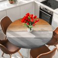 thumbnail image 2 of Round Table Cover 45-54 Inch Orange Gray Waterproof Reusable Table Cloth Round Fitted Vinyl Tablecloth with Elastic Edged for Parties Outdoors, Farmhouse Retro Gradient Wooden Grain, 2 of 9