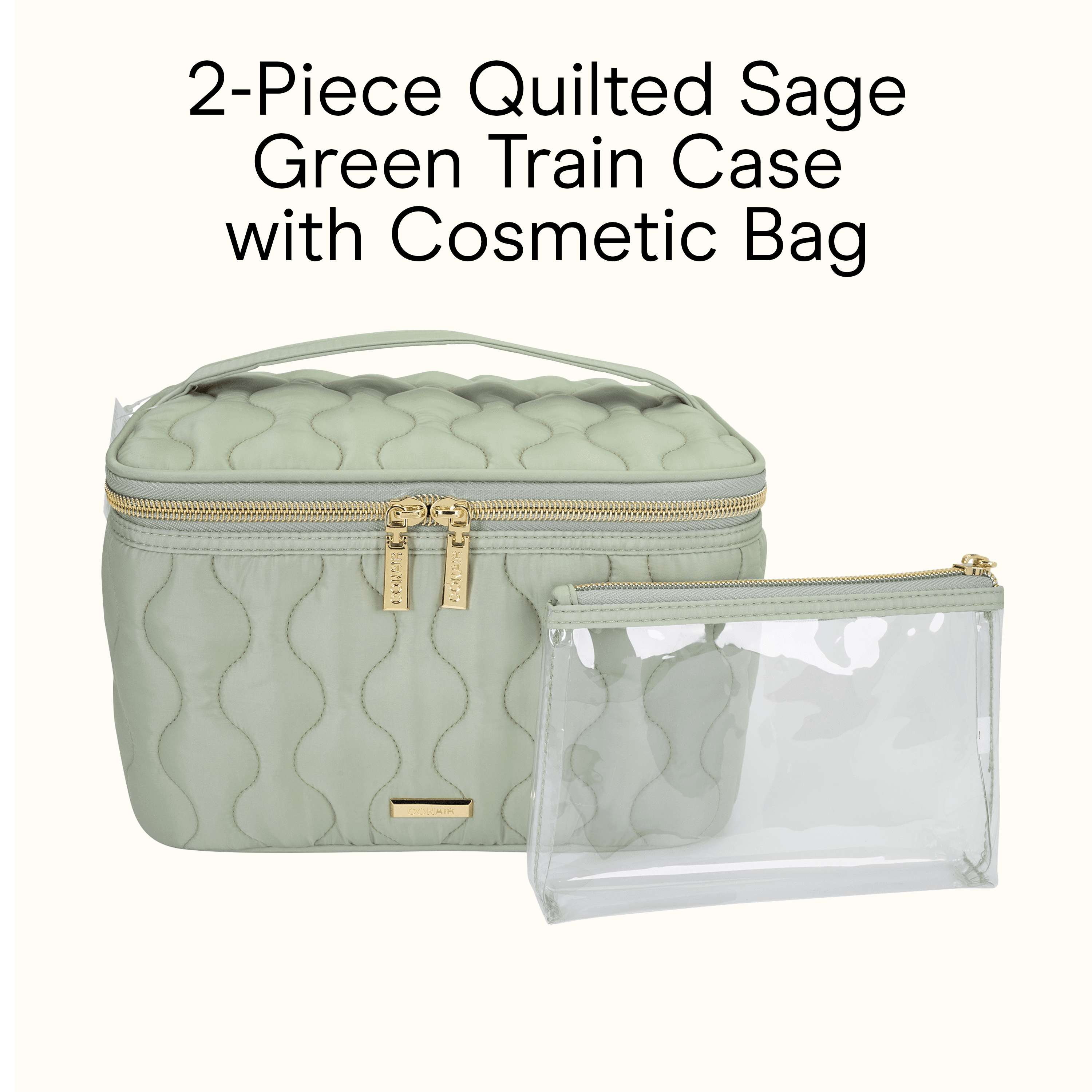 Conair Sage Green Train Case Set, 2-Piece Travel Organizer with Clear Pouch