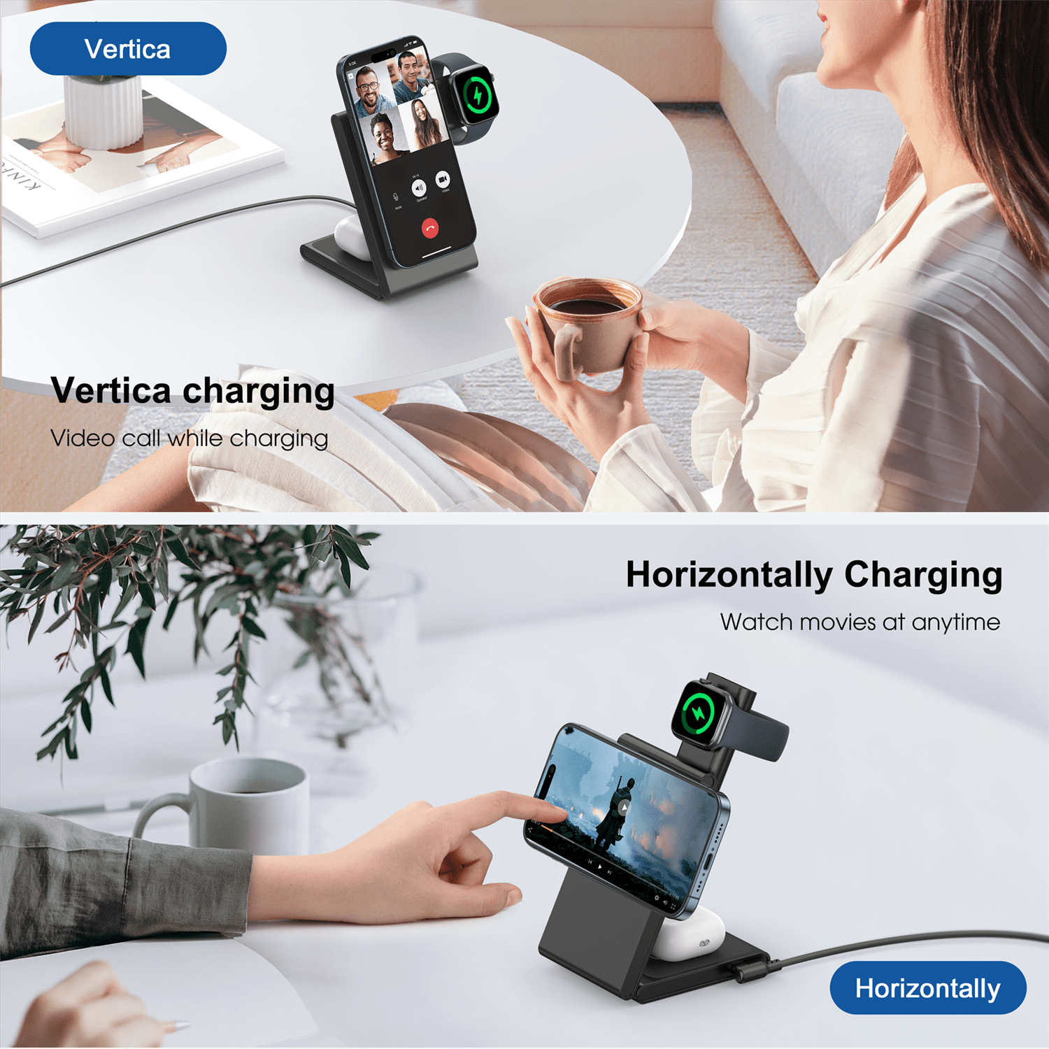 TAOHAI 3-in-1 Wireless Charging Station, 20W Fast Charger for iPhone 16/15/14/13/12, Apple Watch & AirPods (Black)