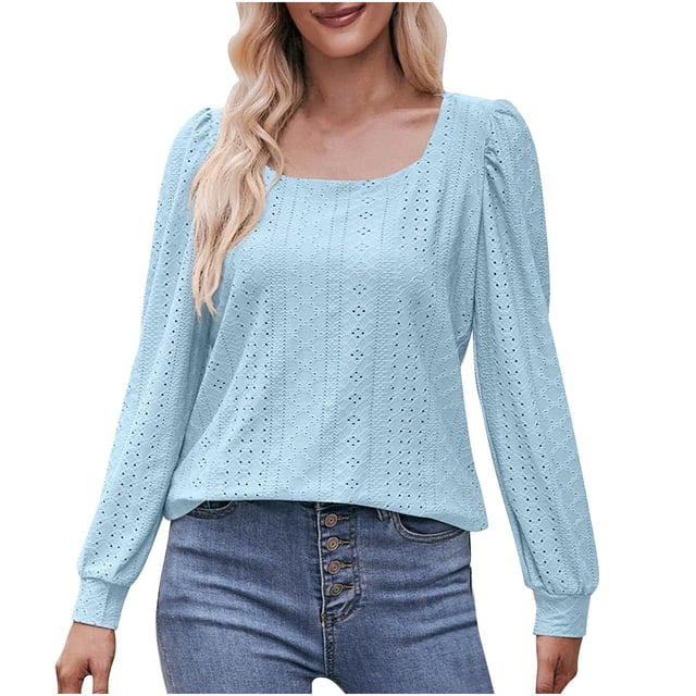 Timegard Hauts à Illets pour Femmes Col Rond Manches Longues Bouffantes Transparents T-Shirts Habillés Décontractés Amples