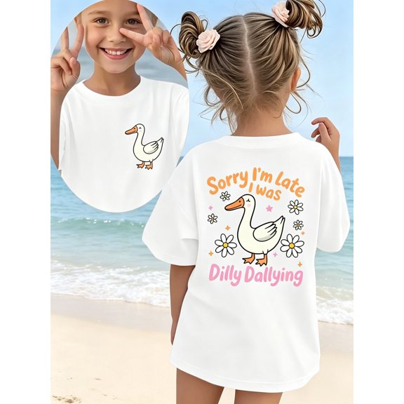 summer fashion girls short sleeve t shirt sorry im late i was dallying flower letter element cartoon pattern double sided versatile top