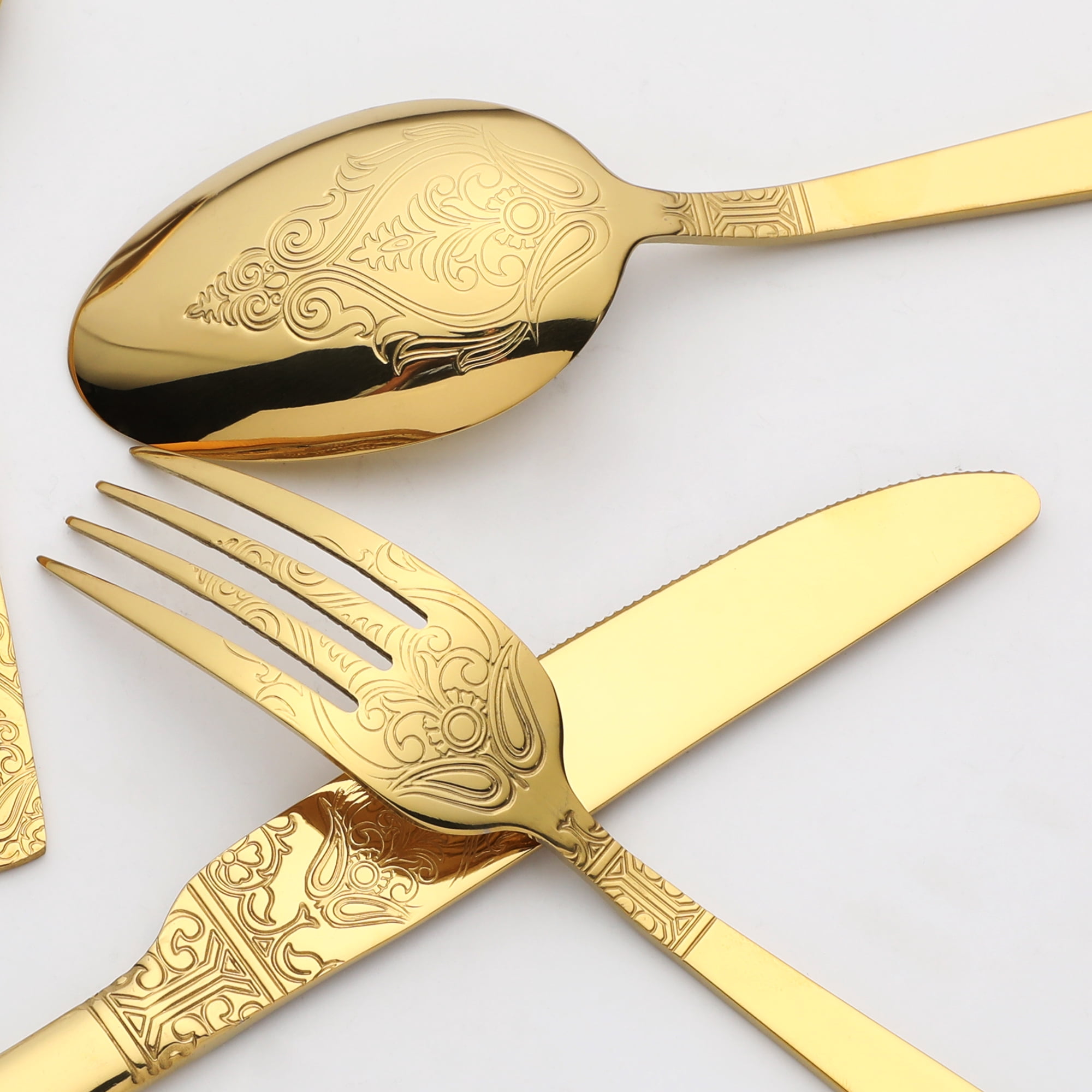Unique Bargains Stylish and Durable Stainless Steel Floral Flatware Set Retro Gold 4pcs