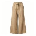 thumbnail image 4 of Cagogo Women's Wide Leg Drawstring Trousers Flowy Casual Loose Pants with Pockets Solid Long Palazzo Trousers Travel Work Lounge Outfits Fall Clothes, Khaki XL, 4 of 7