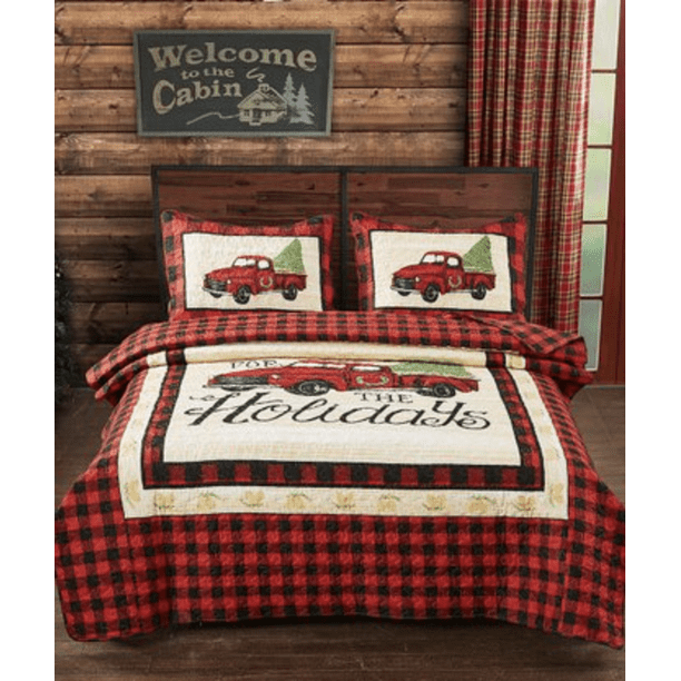 Christmas Farmhouse Red Truck & Christmas Trees Plaid Holidays Queen Quilt & Shams (3 Piece Set