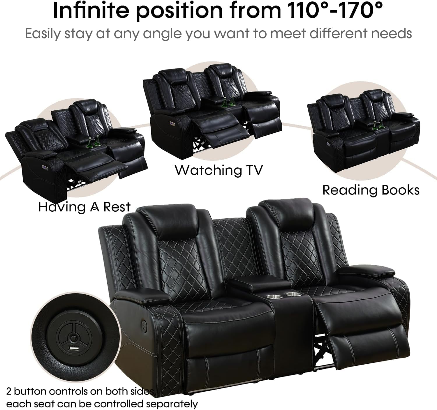 Air Leather Power Recliner Set with LED Lights, USB Port, Wireless Charger, Storage Console & Cup Holder for House, Home Theater & Apt, Black, Loveseat