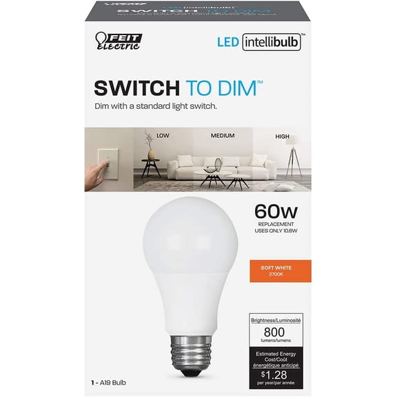 YNTVV-OM60/3DIMCA/LEDI 65W Equivalent IntelliBulb Switch to Dim A19 LED Light Bulb, 2700K Soft White (Pack of 2)