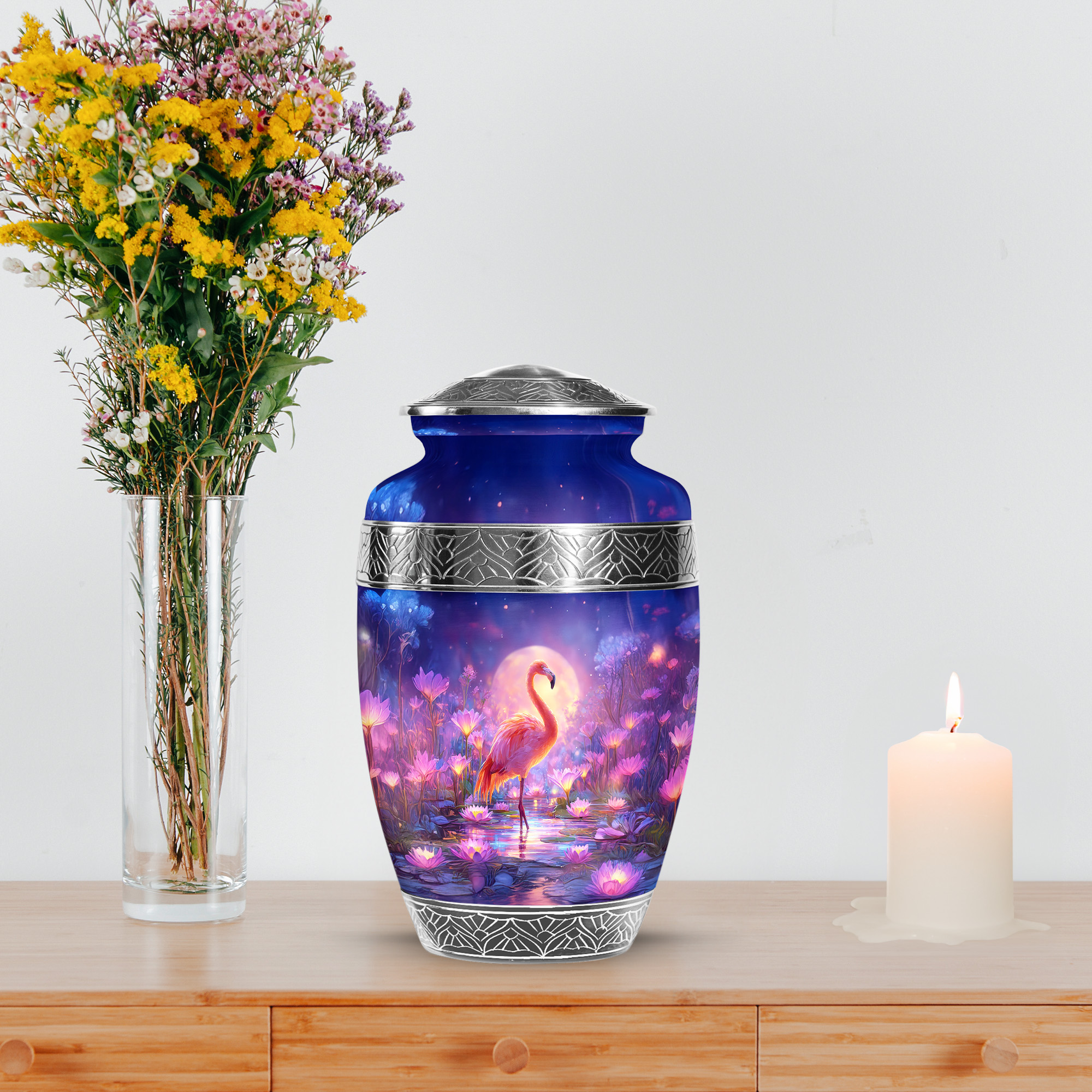 MUKTIVE Flamingo Cremation Urns for Human Ashes Men and Women 10 Inch, Moon Burial Urns for Adult Human Ashes, Large Blue Urn, Funeral Urn for Adult Male