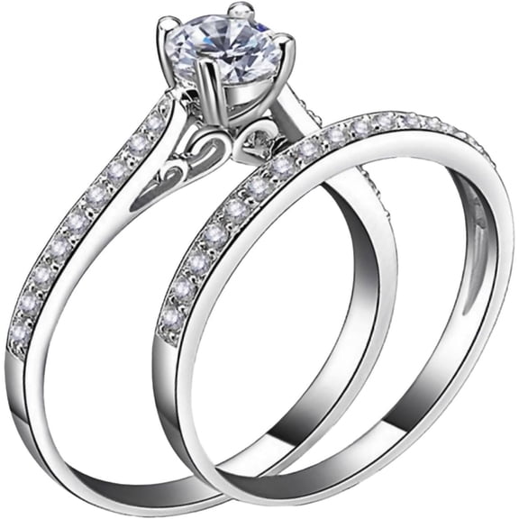 Zephyriana Women Ring 2Pcs Ring Fashion Cubic Zirconia Plated Silver Romantic Couple Finger Ring Wedding Shiny Jewelry Birthday Gift for her