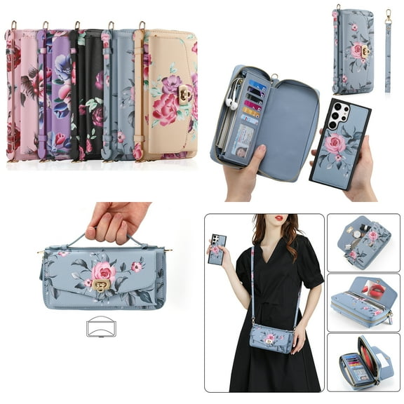 ELEHOLD Phone Bag with Case for Samsung Galaxy S22 Plus Multi-Functional Wallet Case Large Capacity with Card Slots Zipper Purse Wriststrap Adjustable Shoulder Strap Handbag for Women,grey