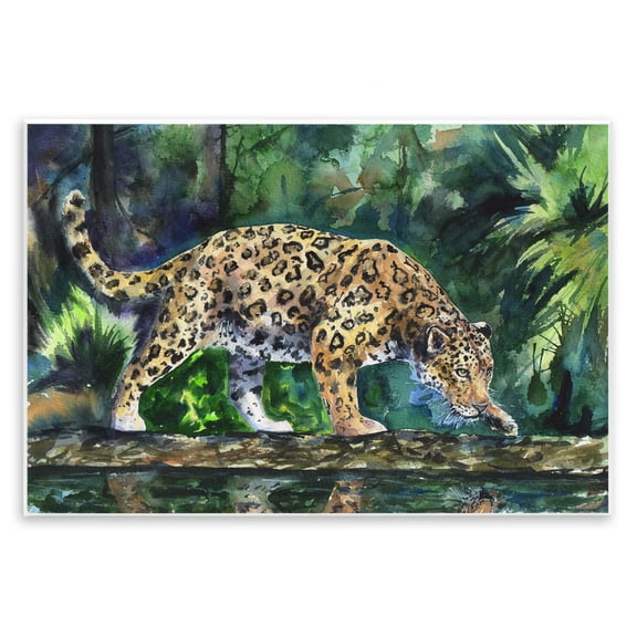 Stupell Industries Contemporary Jaguar Large Cat Animal Green Watercolor Wall Plaque Art, 15 x 10, by George Dyachenko