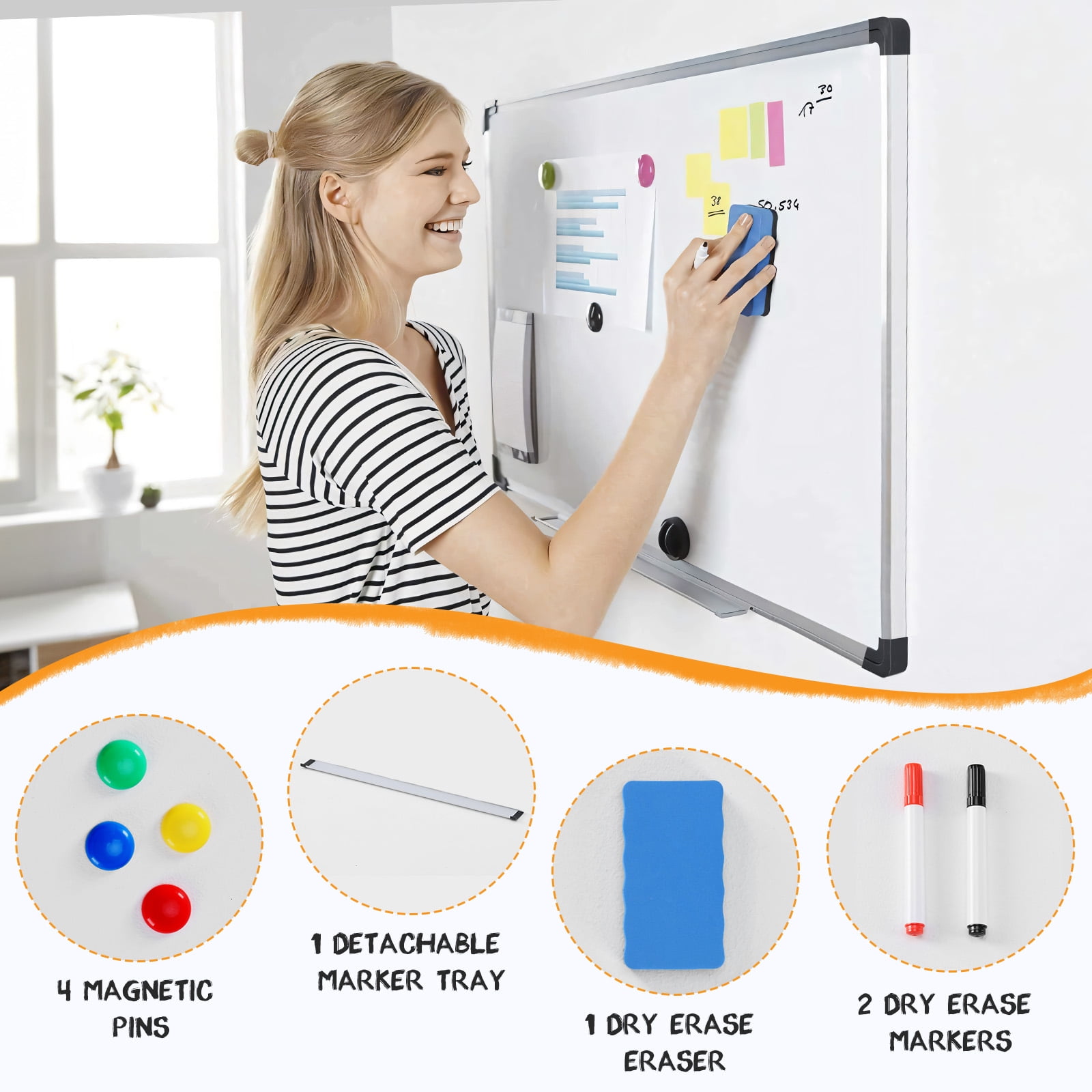 Gianna 48 X 24 inches Magnetic Dry Erase Board with Aluminum Frame, Whiteboard for Home School