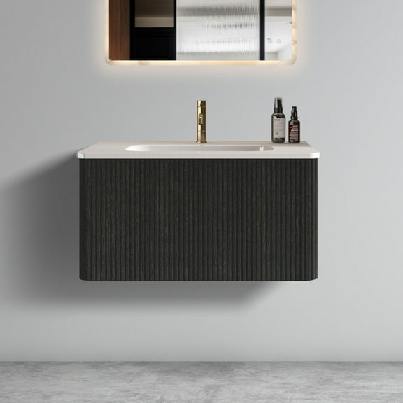 U057-Etna30W-308 Etna 30" Striped Brushed Black Oak Floating Bathroom Vanity with White Ceramic Sink, Bathroom Vanity for Modern Bathroom, One-Piece White Basin without Drain, Pre-assembled