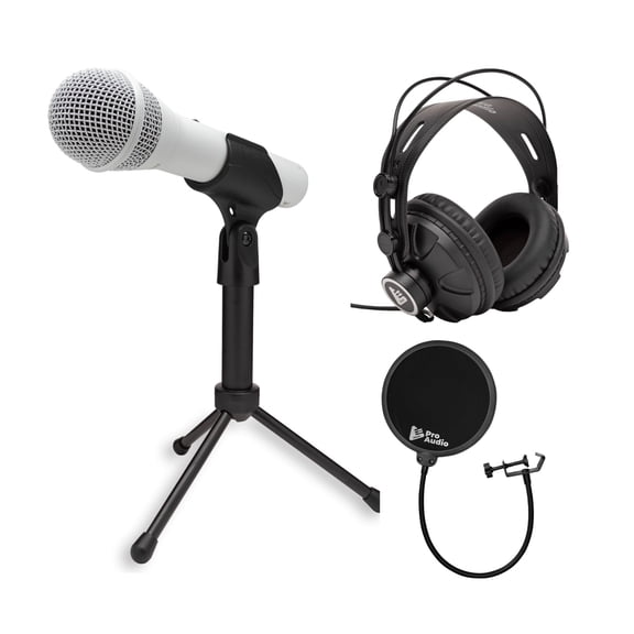 Samson Q2U USB and XLR Handheld Dynamic Microphone with Cardioid Polar Pattern (White) Bundle with Focus Pro Audio TX-100 Studio Monitor Headphones (Black), and Knox Gear Pop Filter (3 Items)