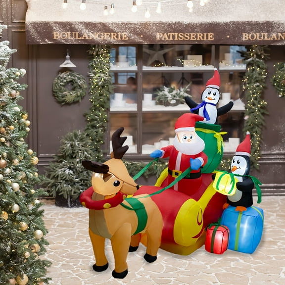 Inflable Navideño de Trineo con Santa, Reno y Pingüinos