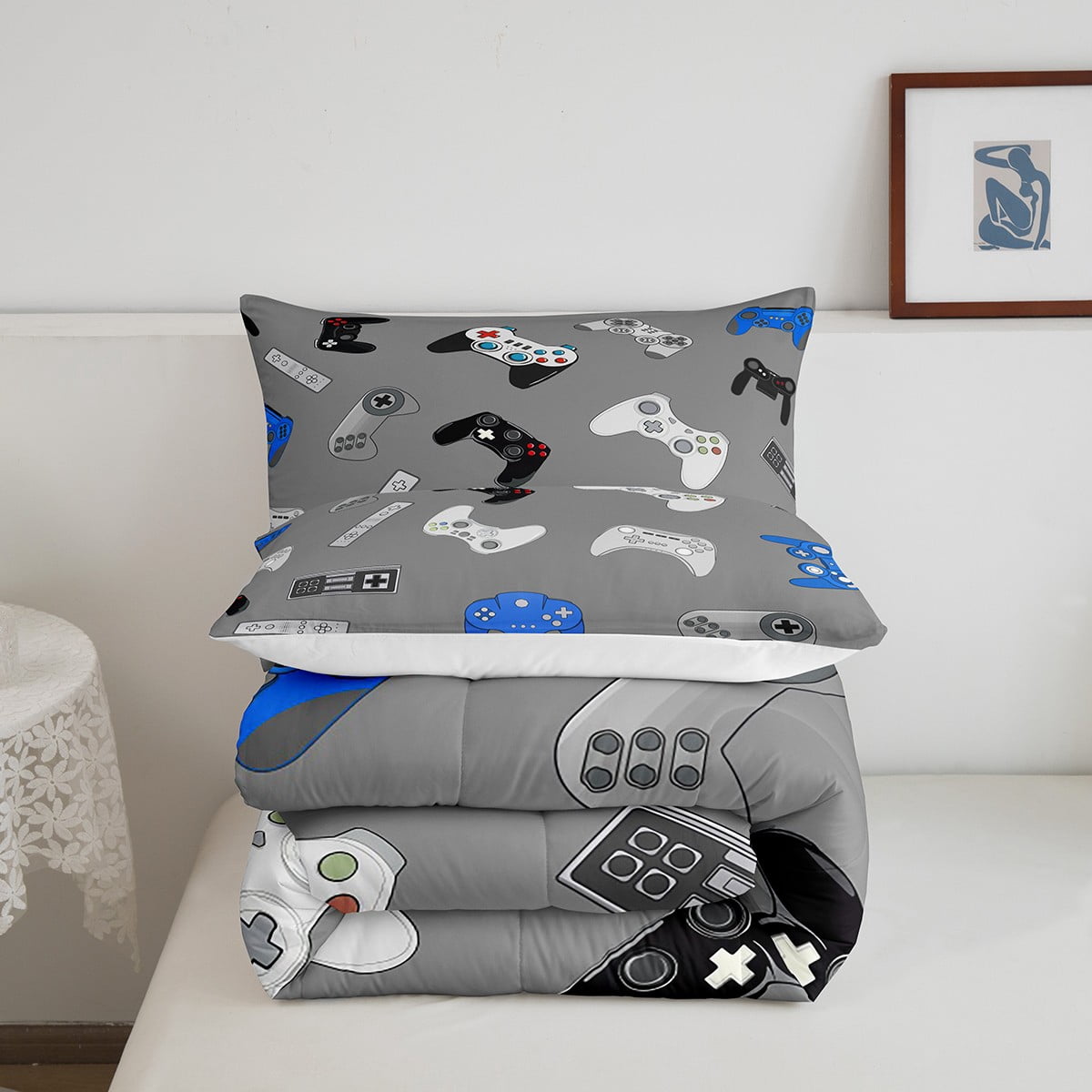Erosebridal Video Game Comforter Set Console Gamer Gray Bedding Set Various Gamepad Comforter Modern Game Controller Decor Quilt Set Bedroom Collection 2Pcs Twin Size,Reversible