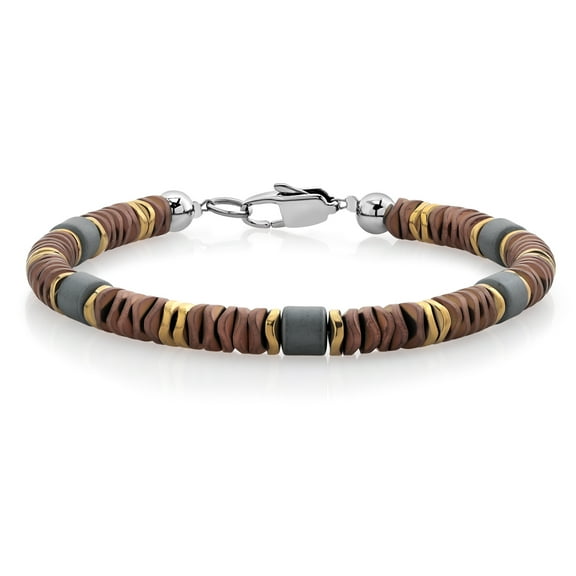 Gem Stone King Stainless Steel Yellow Gold Plated Shiny Antique Copper and Hematite Beaded Bracelet for Men (8.25 inch, 6MM Width, With Lobster Clasp)