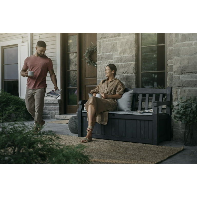 Keter Solana 70 Gallon Storage Bench Deck Box for Patio Front Porch Decor Outdoor Seating Grey Walmart