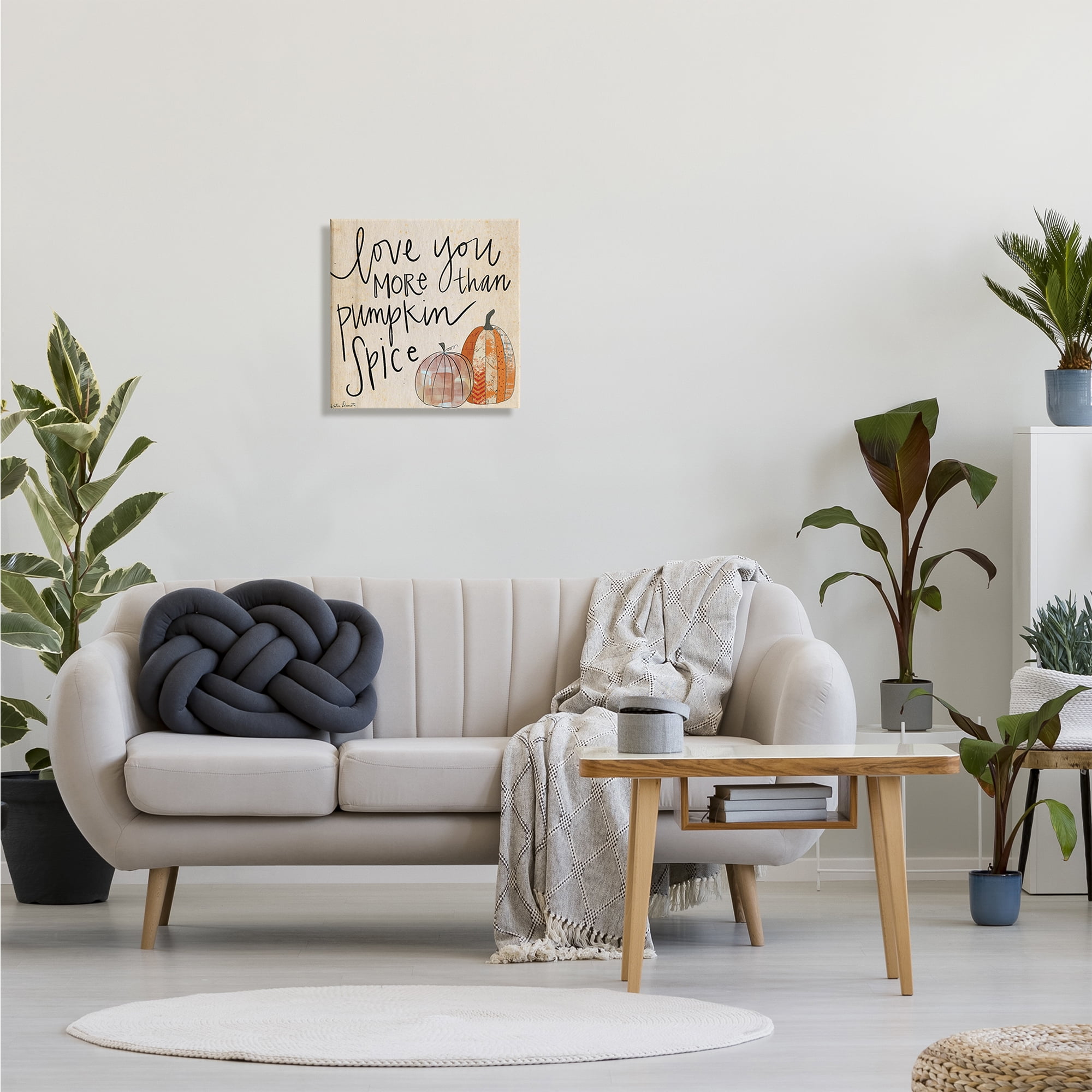 Love You More Than Pumpkin Spice Phrase Patterned Gourds Typography Gallery-Wrapped Canvas Print Wall Art, 17x17