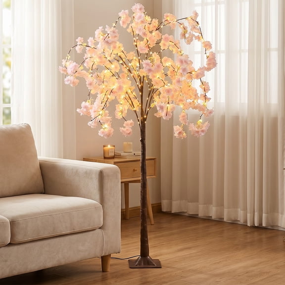 Rirool 6FT Lighted Cherry Blossom Tree with 450 Warm White LED Lights, Pink Artificial Sakura Tree with Bendable Branches for Indoor Outdoor Wedding Party Holiday Decor