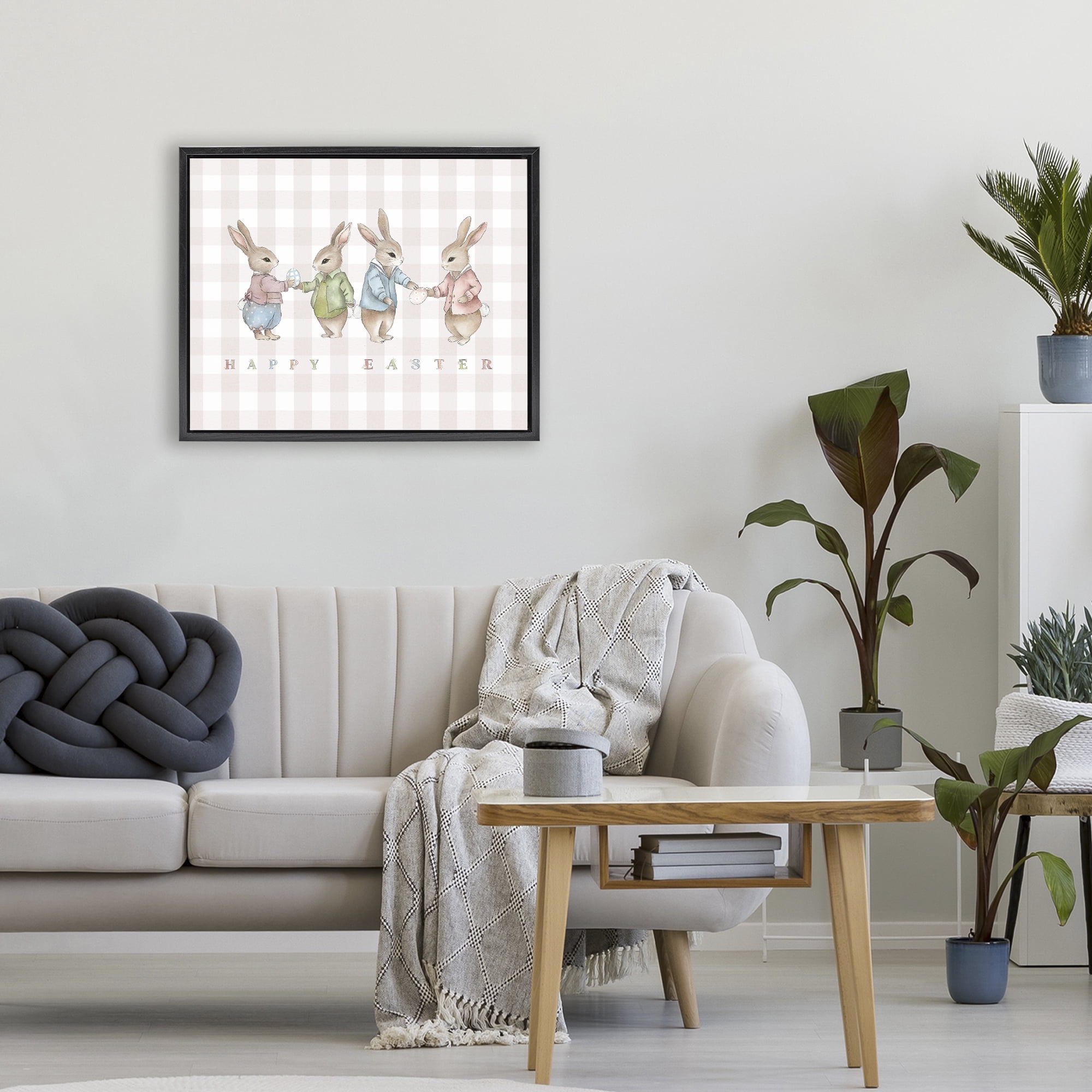 Stupell Industries Easter Bunnies Pink Gingham Black Framed Floater Canvas Wall Art, design by Leah Straatsma