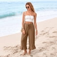 thumbnail image 4 of Womens Wide Leg Pants Drawstring Elastic High Waisted Ruffle Hem Capri Pants with Pockets Brown 2XL, 4 of 5